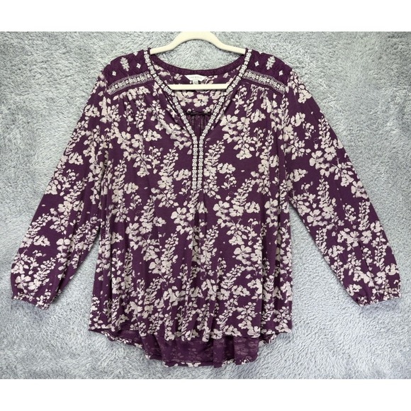 Lucky Brand Womens Top 3X Split V‎ Neck Embroidered Floral Boho - Picture 3 of 10